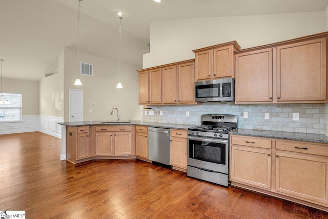 kitchen with a peninsula, appliances with stainless steel finishes, a sink, and dark wood finished floors