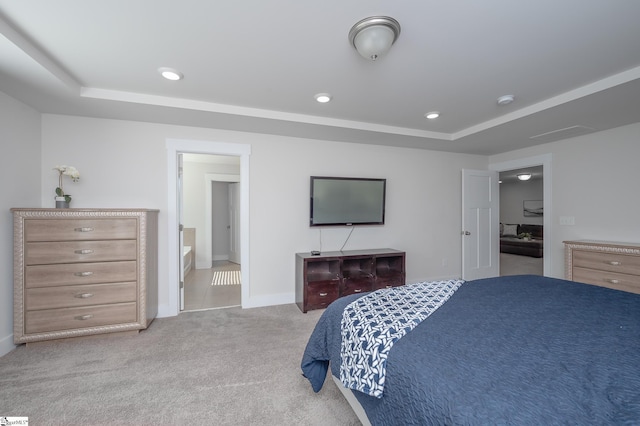 bedroom with baseboards, a raised ceiling, carpet flooring, and recessed lighting