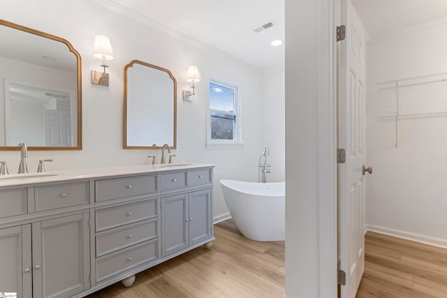 bathroom featuring wood finished floors, a sink, and visible vents