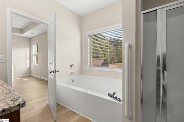 bathroom with a garden tub, wood finished floors, vanity, baseboards, and a stall shower