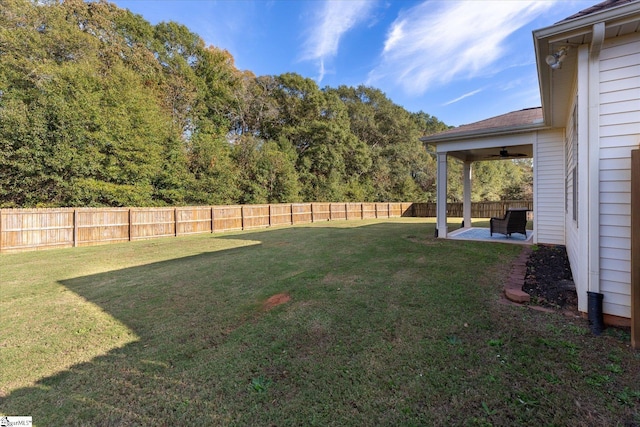 view of yard featuring a patio area, a fenced backyard, and a ceiling fan