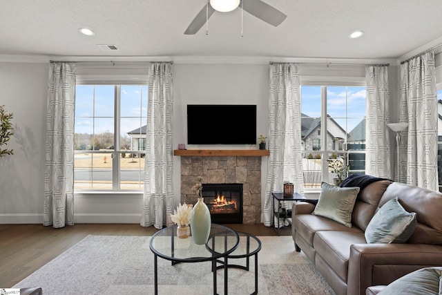 living area featuring recessed lighting, baseboards, wood finished floors, and a fireplace