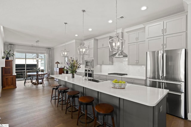 kitchen featuring a sink, dark wood finished floors, a large island with sink, and stainless steel appliances