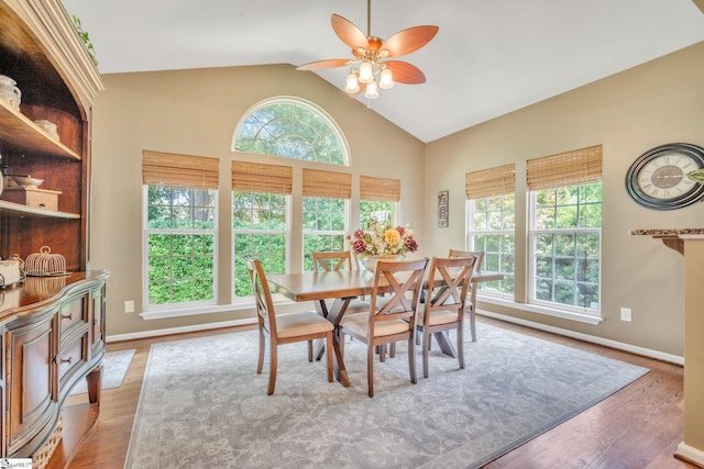 dining area with lofted ceiling, baseboards, and wood finished floors