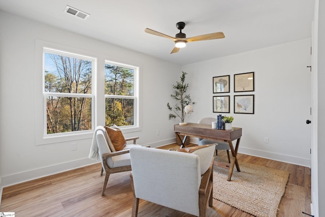 home office featuring visible vents, ceiling fan, light wood-style flooring, and baseboards