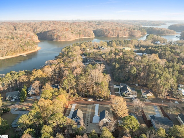 aerial view featuring a water view and a wooded view