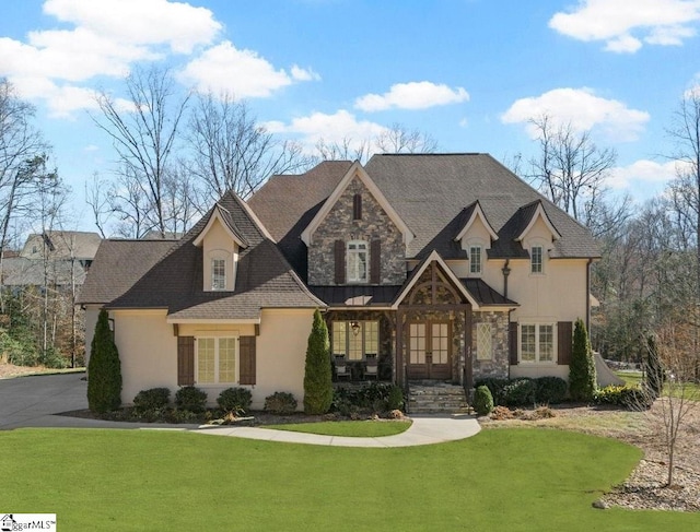 french country inspired facade featuring stone siding, french doors, a front lawn, and stucco siding