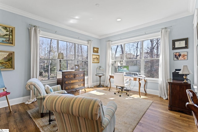 interior space with ornamental molding, hardwood / wood-style flooring, and baseboards