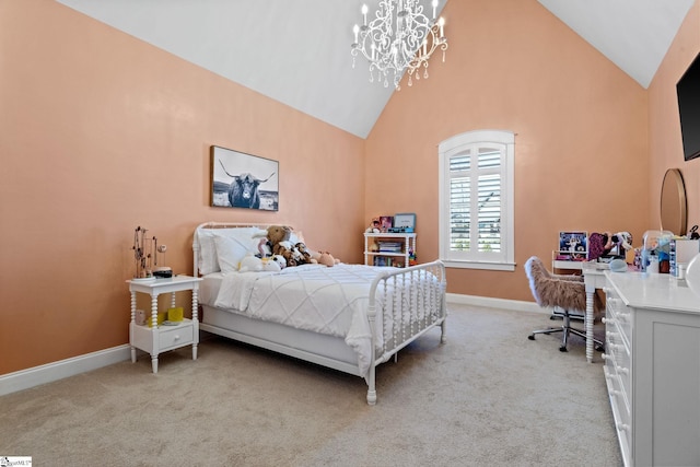 bedroom featuring a notable chandelier, high vaulted ceiling, carpet, and baseboards