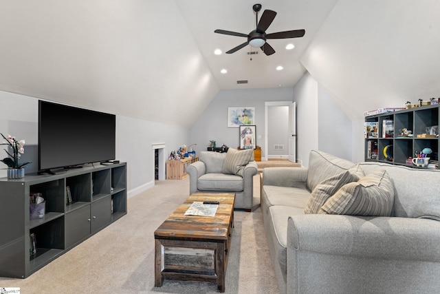 carpeted living room featuring vaulted ceiling, ceiling fan, visible vents, and recessed lighting