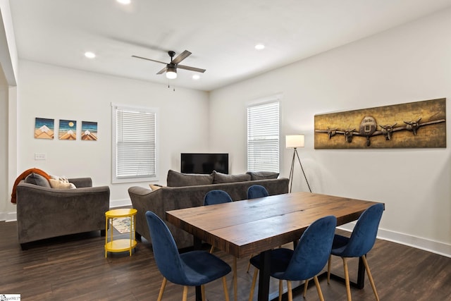 dining area featuring dark wood-style floors, baseboards, a ceiling fan, and recessed lighting