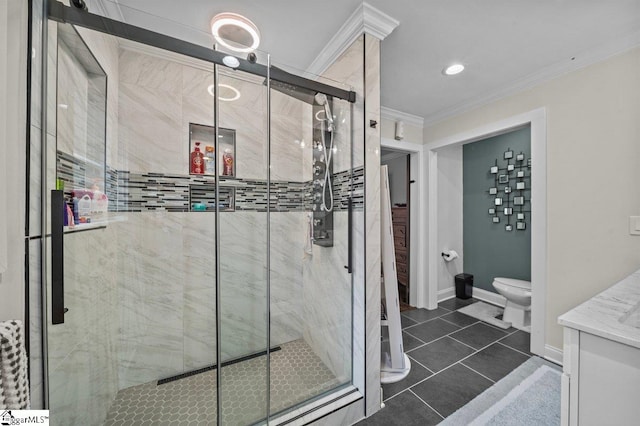 full bath featuring a stall shower, tile patterned flooring, crown molding, and toilet