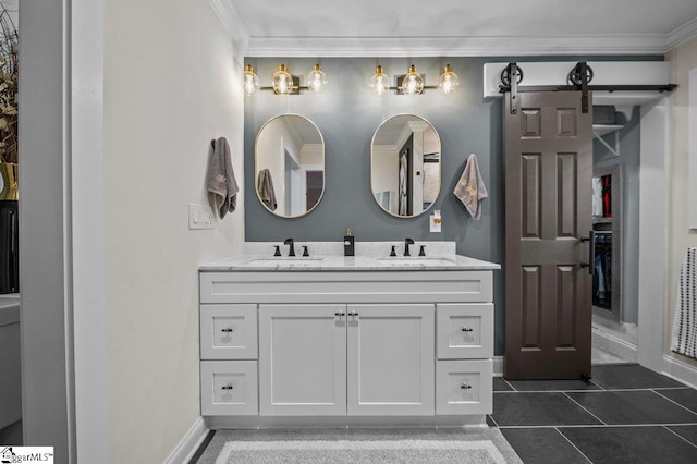 full bathroom with double vanity, ornamental molding, tile patterned flooring, and a sink