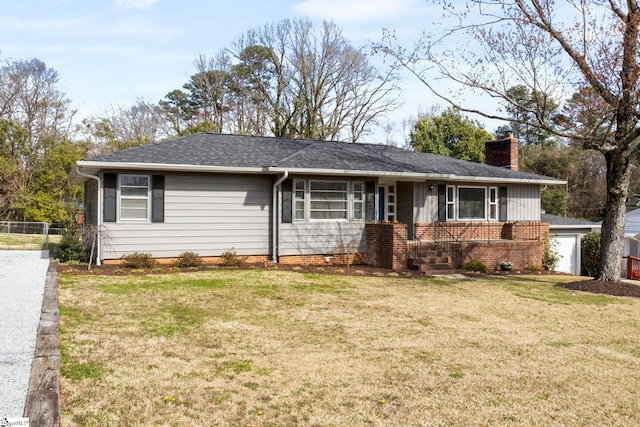 single story home with a shingled roof, a chimney, fence, and a front lawn