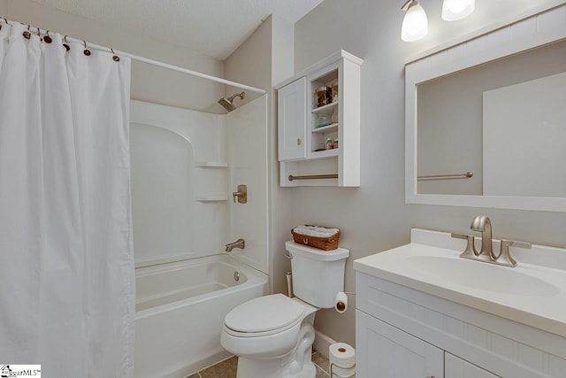 full bath featuring toilet, tile patterned flooring, shower / bath combo with shower curtain, a textured ceiling, and vanity