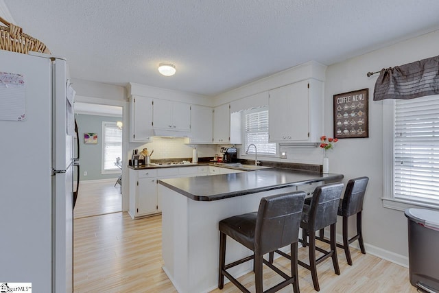 kitchen featuring dark countertops, light wood-style flooring, backsplash, freestanding refrigerator, and a sink