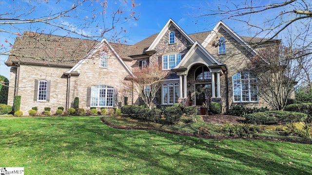 french country style house featuring a front yard and brick siding