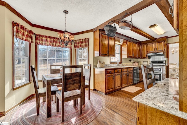 kitchen featuring dishwashing machine, under cabinet range hood, a chandelier, and range