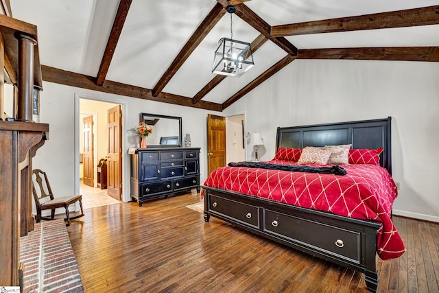 bedroom featuring a chandelier, wood-type flooring, vaulted ceiling with beams, and baseboards