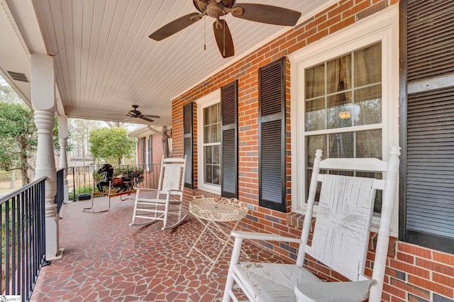 view of patio / terrace featuring visible vents, a porch, and a ceiling fan