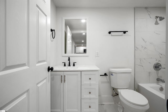 full bath with marble finish floor, toilet, tub / shower combination, vanity, and baseboards