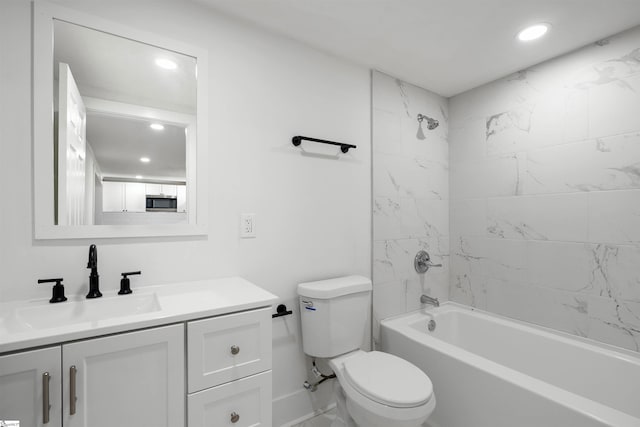 bathroom with recessed lighting, vanity, toilet, and shower / bathtub combination