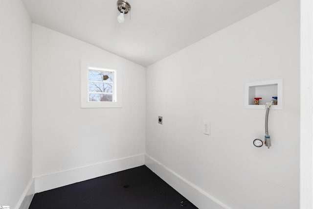 clothes washing area with hookup for a washing machine, laundry area, electric dryer hookup, and baseboards