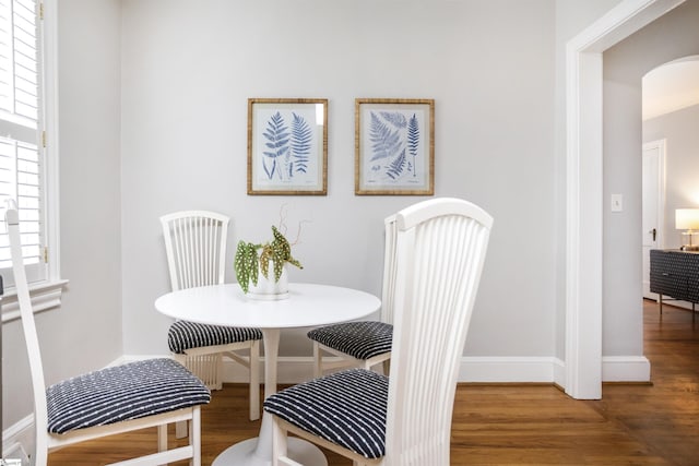 dining room with arched walkways, wood finished floors, a wealth of natural light, and baseboards