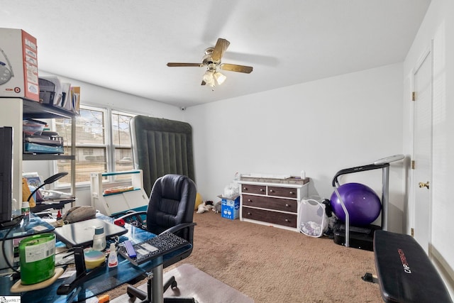 carpeted office featuring a ceiling fan