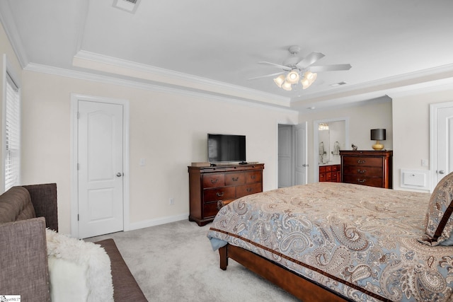 carpeted bedroom featuring a raised ceiling, visible vents, crown molding, and baseboards