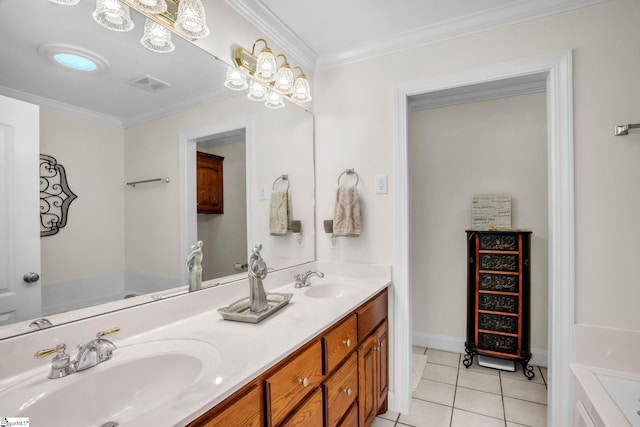 bathroom with crown molding, visible vents, a sink, and tile patterned floors