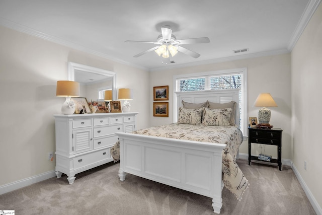 bedroom with light carpet, baseboards, visible vents, and crown molding