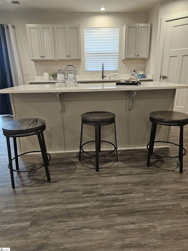 kitchen featuring light countertops, a breakfast bar, dark wood finished floors, and a large island