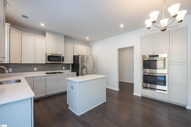 kitchen featuring stainless steel appliances, backsplash, a kitchen island, and a sink