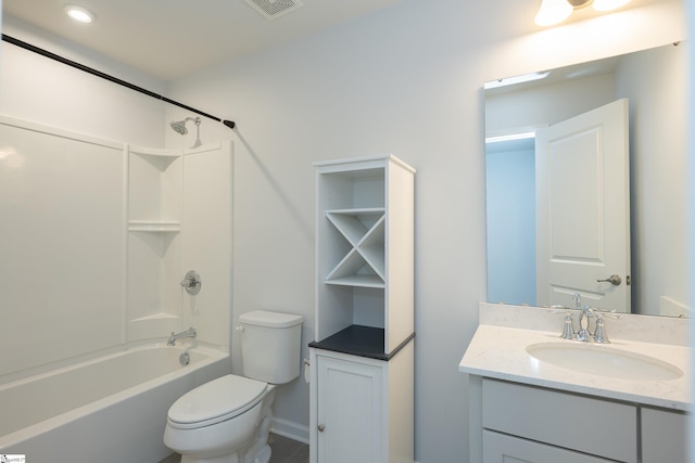 full bath with toilet, shower / bathing tub combination, visible vents, and vanity