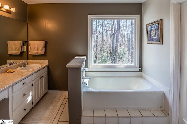 full bathroom with a garden tub, tile patterned flooring, and vanity