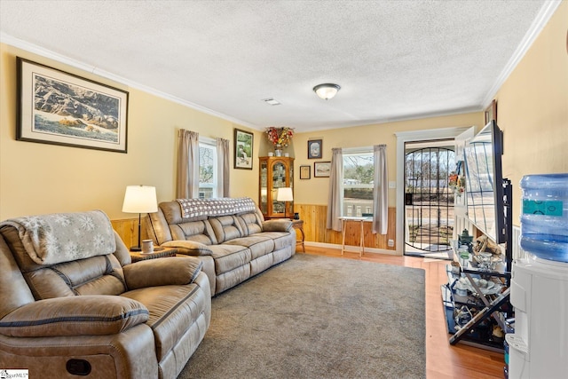 living room with a textured ceiling, ornamental molding, wood finished floors, and wainscoting