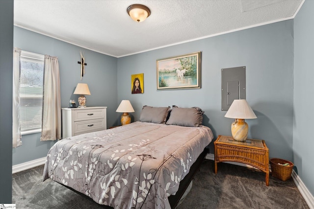 bedroom featuring ornamental molding, carpet, electric panel, and baseboards