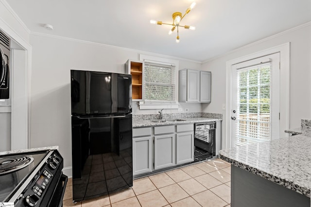 kitchen with black appliances, crown molding, gray cabinets, and a sink