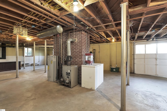 below grade area with plenty of natural light, water heater, a heating unit, and refrigerator