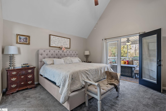 bedroom featuring carpet floors, access to outside, high vaulted ceiling, and a ceiling fan