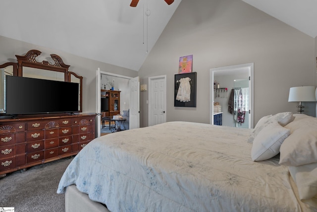 bedroom featuring carpet, high vaulted ceiling, ceiling fan, and connected bathroom