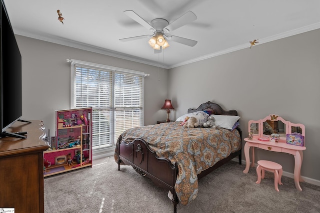 bedroom with ornamental molding, carpet, baseboards, and a ceiling fan