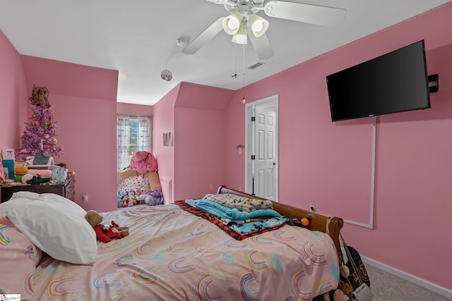 bedroom featuring carpet, visible vents, ceiling fan, and baseboards