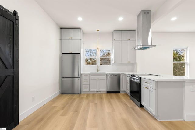 kitchen featuring a barn door, a peninsula, island exhaust hood, stainless steel appliances, and light wood-type flooring