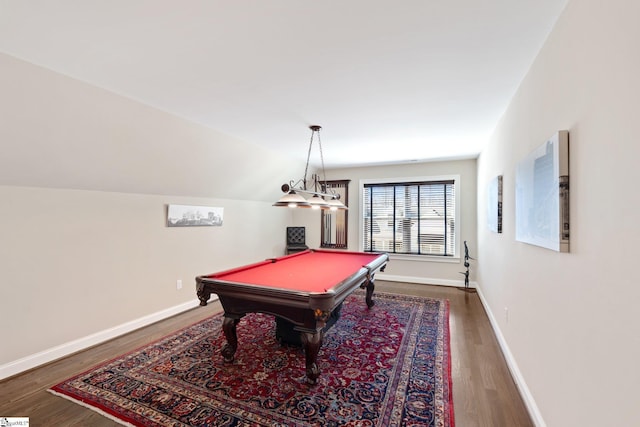 playroom with lofted ceiling, wood finished floors, billiards, and baseboards