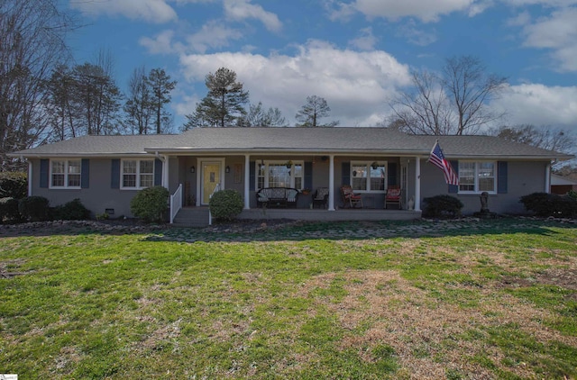 ranch-style home featuring covered porch, a front lawn, and crawl space