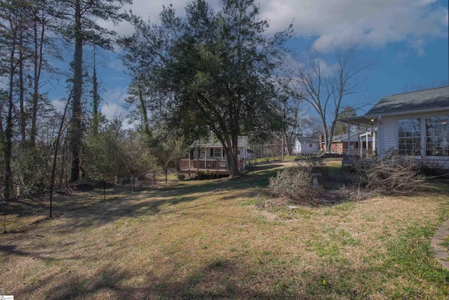 view of yard featuring fence and a wooden deck