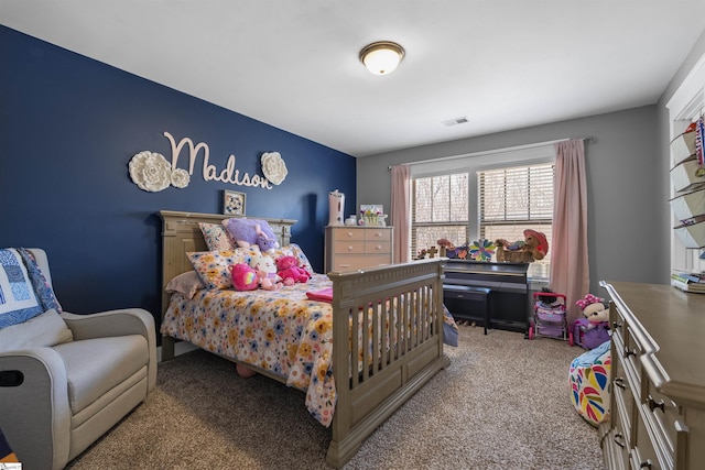 bedroom featuring visible vents and carpet flooring