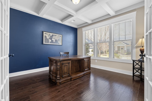 office with dark wood-style flooring, visible vents, coffered ceiling, beamed ceiling, and baseboards